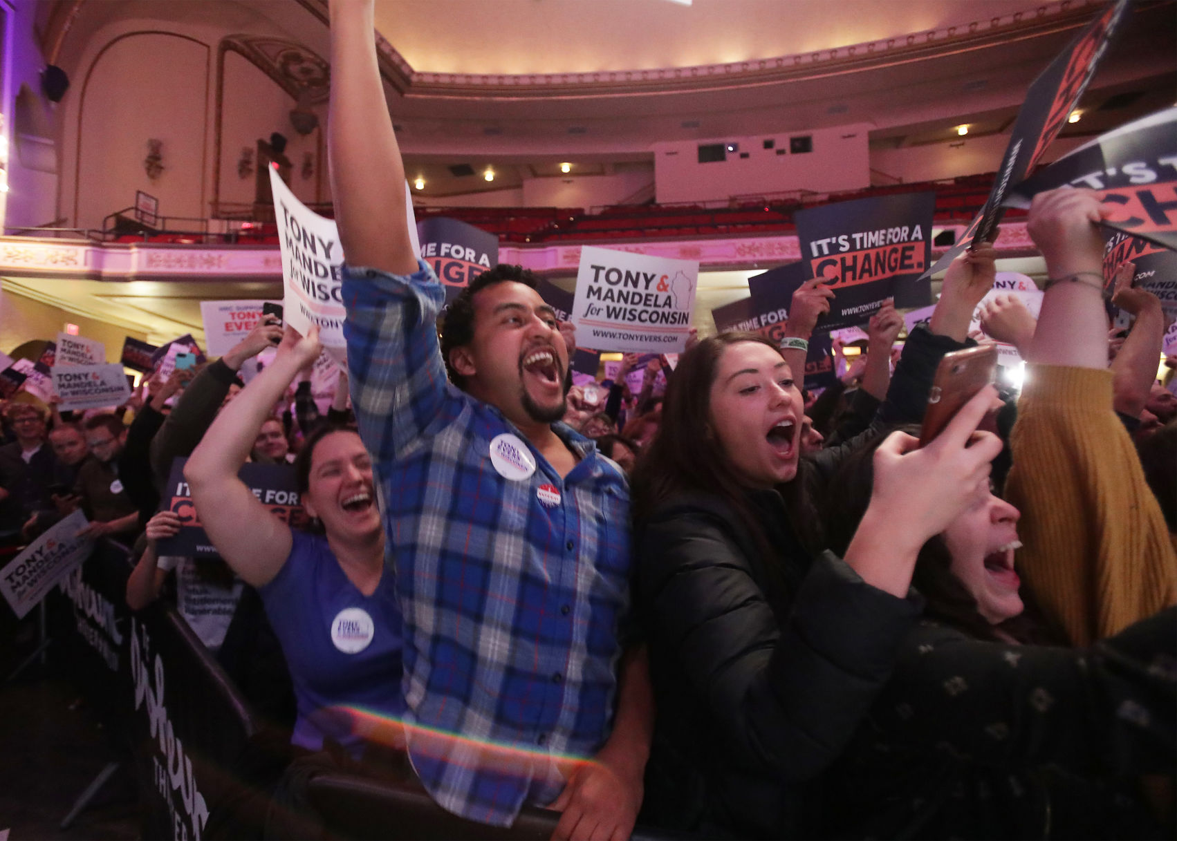 Tony Evers' supporters cheer him on